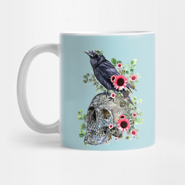 Black raven with skull and leaves crow, skeleton leaves eucaliptus and pink sunflowers by Collagedream